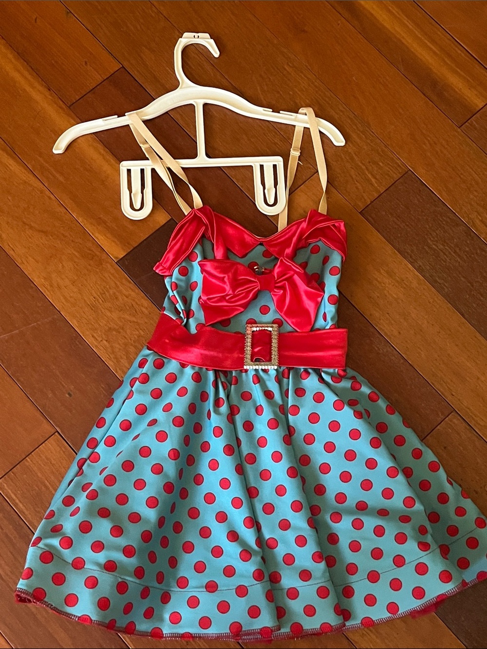 Weissman Teal Polka Dot Costume Dress with Red Accents